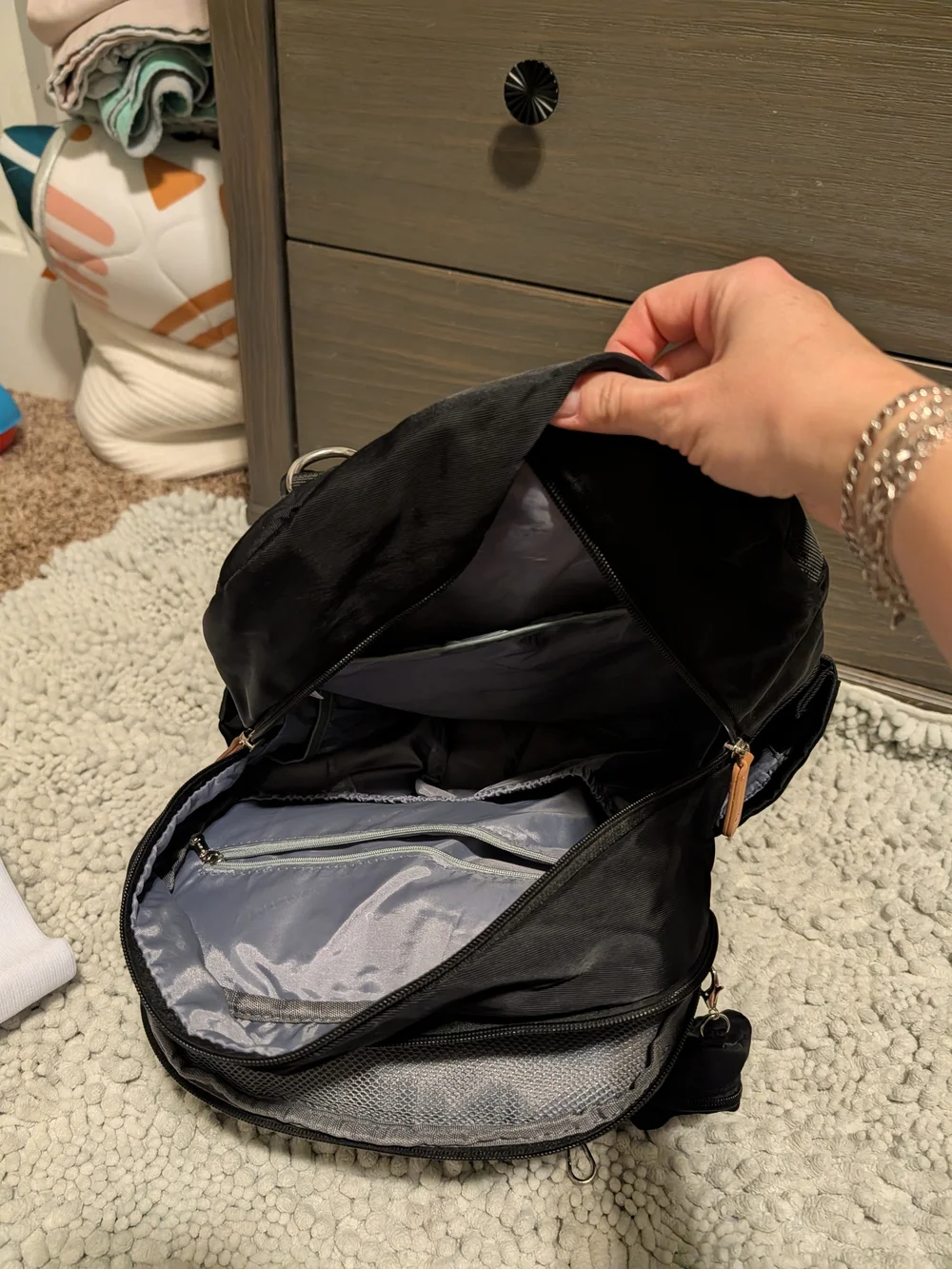 Baby Bag Black Nylon Backpack with Tan Accents
